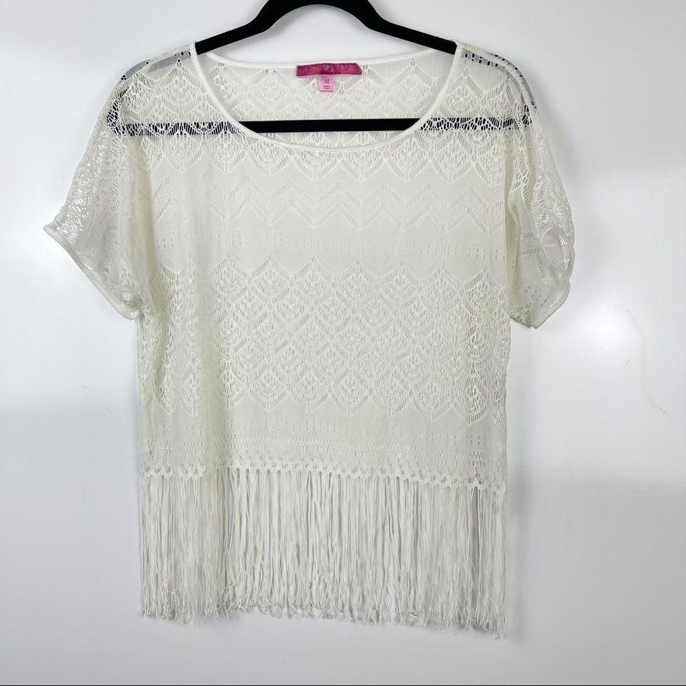Derek Heart Sheer Lace Fringe Top Western Festival Boho Short Sleeve Women’s M